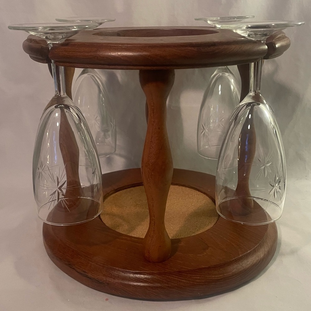 Fostoria Wine Glasses With Teak Wood Wine Glass Holder